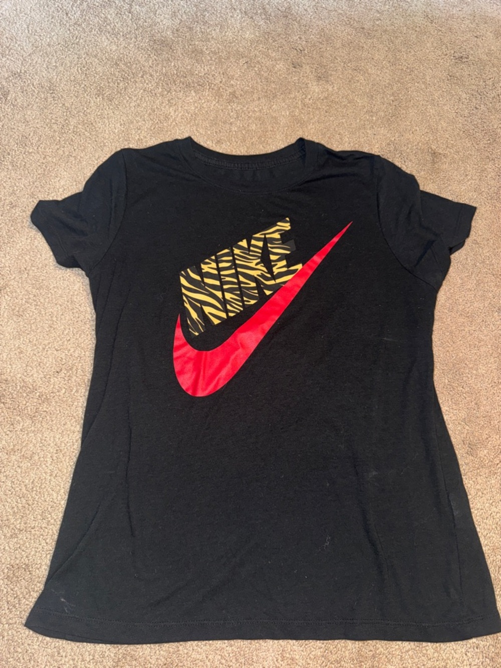 Nike Black Tee with Red Swoosh and Yellow Zebra Logo